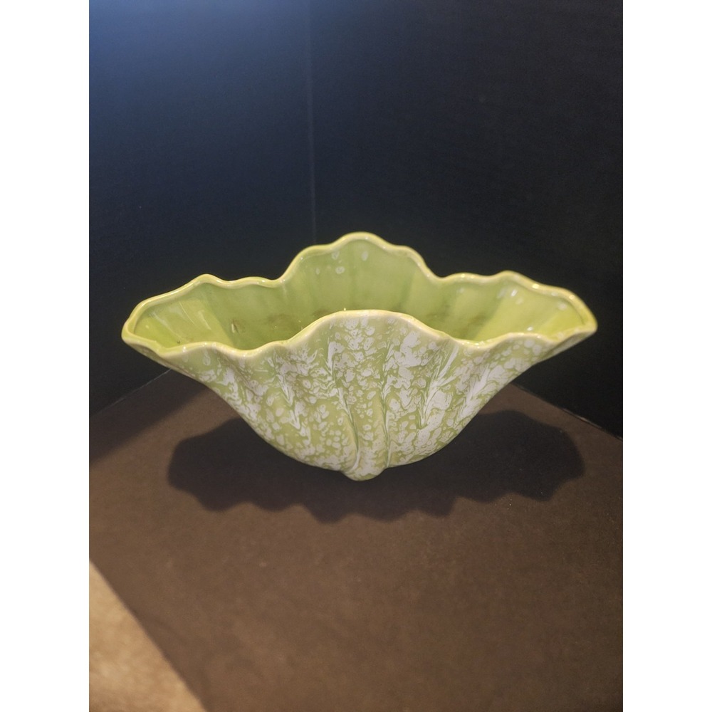 Vintage MCM Decorative Planter Dish Green White Drip Glaze 12.5"